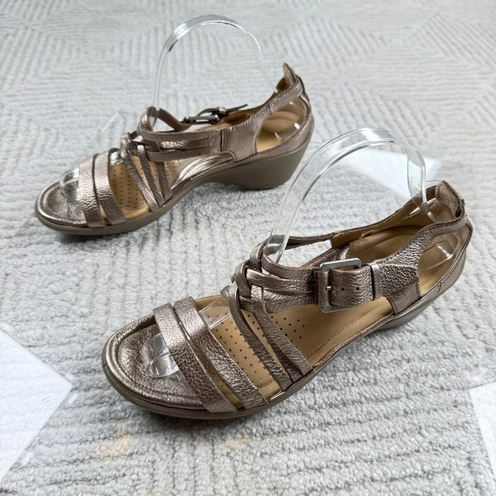 ECCO Wedge Sandals Womens 39 Bronze Metallic Leather Strap Buckle Comfort Travel